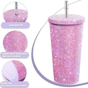 Ποτήρι Θερμός Με Μεταλλικό Καλαμάκι Και Στρας 500ml Ροζ