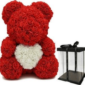 Αρκουδάκι από Τεχνητά Τριαντάφυλλα Κόκκινο/Λευκό Με Καρδιά 25cm Σε Κουτί