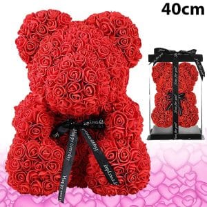 Αρκουδάκι από Τεχνητά Τριαντάφυλλα Κόκκινο με Φιόγκο 40cm Σε Κουτί