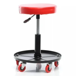 Περιστρεφόμενο 360° Σκαμπό Εργασίας Στρογγυλό με 5 Τροχούς Κόκκινο-Μαύρο