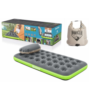Φουσκωτό Στρώμα Ύπνου Μονό με Αντλία Αέρα και Προσκέφαλο 188x99x22cm με βελούδινη υφή BESTWAY 67619 Πράσινο-Γκρι/l-22