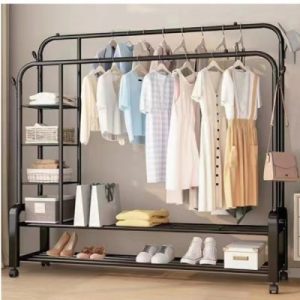 Μεταλλική Διπλή Τροχηλάτη Κρεμάστρα – Καλόγερος – Παπουτσοθήκη Δαπέδου με 2 Ράφια και Βάρος Αντοχής έως 58 Kg 160x110x55cm YP-618 Μαύρο χρώμα