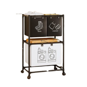 Τροχήλατη Μεταλλική Ραφιέρα Μπάνιου 2 επιπέδων με Καλάθια Απλύτων 57x28x97cm YH6902-2A Λευκό / Μαύρο/l-7