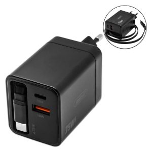 Φορτιστής Γρήγορης Φόρτισης 75W GaN με 1 Θύρα USB, 1 Type-C και Ενσωματωμένο Καλώδιο Type-C 65cm Μαύρος Q-CD09 Andowl